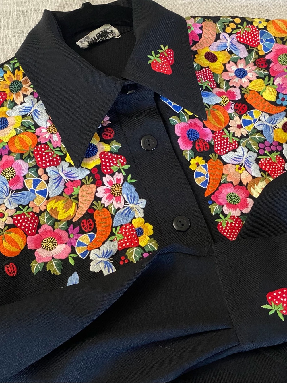 Black Embroidered Floral Button-Down Shirt with Strawberry Accent